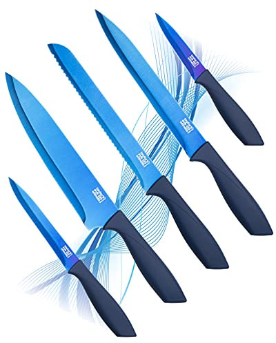 Taylors Eye Witness Sapphire 5pce Kitchen Knife Set - 9cm/3.5” Paring, 13cm/5” Utility, 20cm/8” Chef, Carving & Bread Knives. Ultra Modern Electric Blue, Titanium Coated, Stainless Steel Blades.