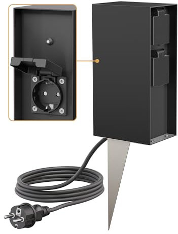 ledscom.de Columna de Enchufe para jardín POMI con Pica de Tierra y 2m de Cable para Exterior, IP44, Sensor crepuscular, 3 Pliegues, Negro, Angular, 23cm