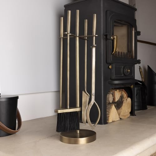 CHARLES BENTLEY Companion Set, Snug, Chestnut, Fireside Companion Set, Stand, Poker, Shovel, Brush, Tongs, Tool Stand, Iron, Antique Gold Finish, Minimalist, Essential Tools, Fireplace (62x22x22cm)