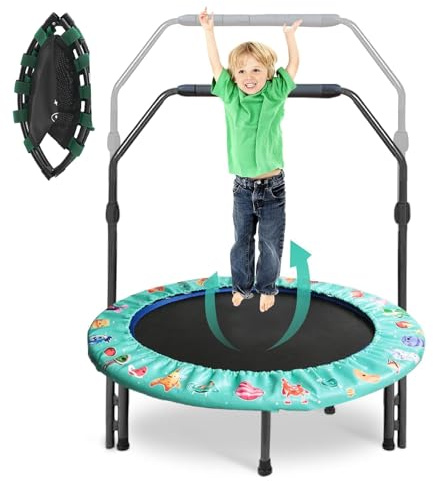 Trampoline de Fitness 92 cm pour Adultes et Enfants avec Poignée Réglable - Mini Trampoline de Fitness Pliable avec Rembourrage de Sécurité pour l'intérieur - Entraînement Cardio(Vert)