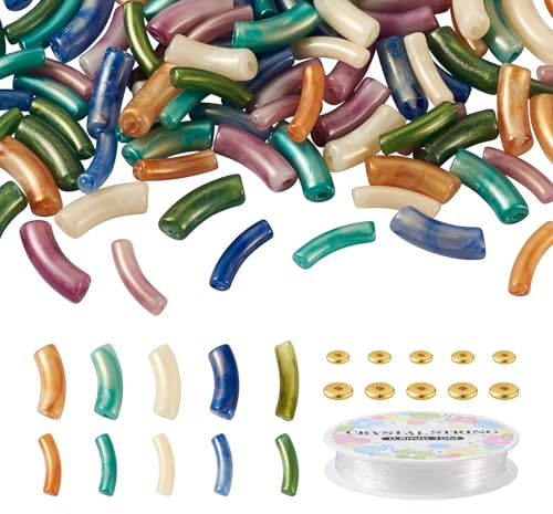 Sparkeads 120PCS Bamboo Tube Bracelet Making Kit for Women Friendship Bracelet Gift Stacking Bangles Chunky Curved Acrylic Beads Metal Spacers Elastic Thread Bracelet Beads