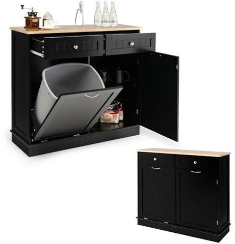 KOMFOTTEU Credenza Cucina con Supporto per Bidoni della Spazzatura 42 L, Mobile Dimpensa Portaoggetti con 2 Cassetti e Ripiano Regolabile, per Sala da Pranzo, Soggiorno, 100 x 35 x 90,5 cm (Nero)