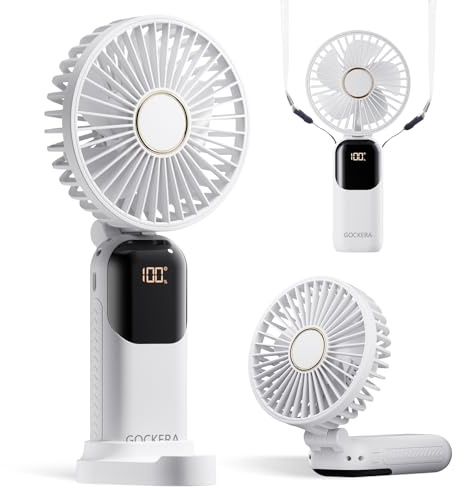 GOCKERA Portable Fan, 4200mAh Battery Operated Fan, 5 Speeds&Digital Display, Makeup Fans for Women with Base, 180°Foldable 3in1 Handheld/Neck/Desk Fan for Outdoor Indoor,Ultra Quiet (White)