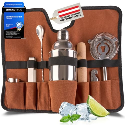 Cocktail-Shaker-Set [inklusive Tasche & Rezeptkarten] – 7-teiliges Premium-Set mit Holzstößel, Eiszange, Sieb & mehr – Barzubehör, Barkeeper-Set | Platzsparendes Design für Zuhause und unterwegs