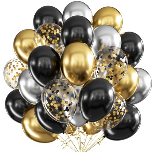Ballonger svart guld silver, 60 stycken 30 cm (12 tum) konfetti metallisk svart guld latex heliumballong med band, festdekoration ballong för kvinnor flickor barn födelsedag bröllop baby shower