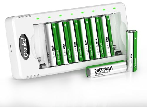 Granicell Rechargeable AA Batteries with Charger, 8 Pack 2800mAh High Capacity Ni-MH Double A Batteries with Smart 8 Bay Smart Battery Charger, USB Fast Charging