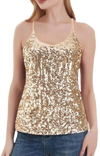 Genérico Tops de Lentejuelas para Mujer Camisola Brillante Sexy Cuello V Chaleco Correas Ajustables Camiseta con Brillo Elegante Blusas Fiesta Top de Lentejuelas Ropa Casual de Club