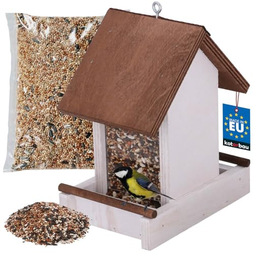 KOTARBAU® Vogelhaus Vogelfutterhaus zum Aufhängen 190 x 130 x 135 mm + Futter 0,5 kg Balkon Vogelfutterspender Holz Weiß Futterhaus Vögel Vogelhaus Vogelhäuschen Futtersäule Vögel Vogelhaus