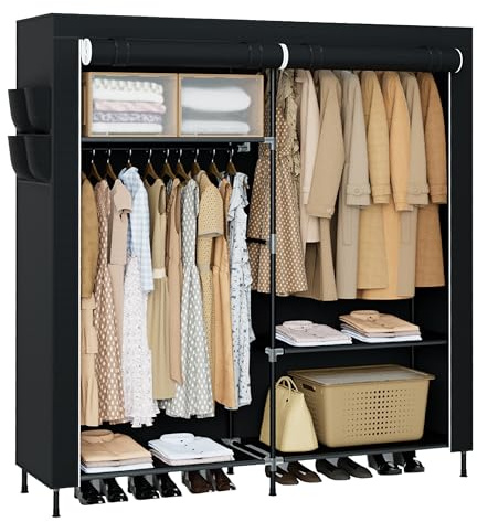 CASAMAYA Portable Closet, 61.8 Inch Large Capacity Wardrobe Closet with Cover, Clothes Storage Organizer with Shelves and 2 Hanging Rods, Easy to Assembly, Black PCT222B01