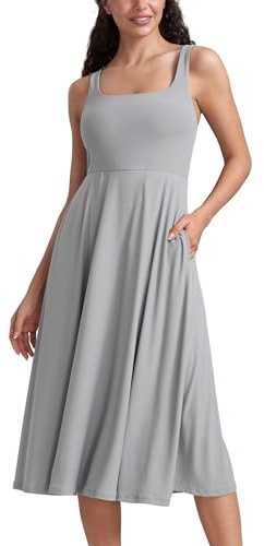 CRZ YOGA Womens Cloudweight Double Lined Square Neck Midi Dresses Casual Sleeveless Comfy Summer Outfits with Side Pockets
