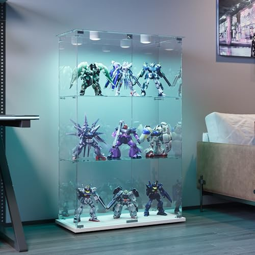 TIMORWTF Vitrina de vidrio con LED, vitrina para colección transparente, vitrina de vidrio con 2 puertas de bloqueo y 3 estantes, sala de estar, bar, 123 x 78,5 x 35 cm, blanco