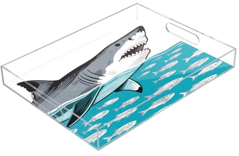 Charola acrílica transparente con asas, diseño de tiburón de animales carnívoros, a prueba de derrames, 30,5 x 40,6 cm
