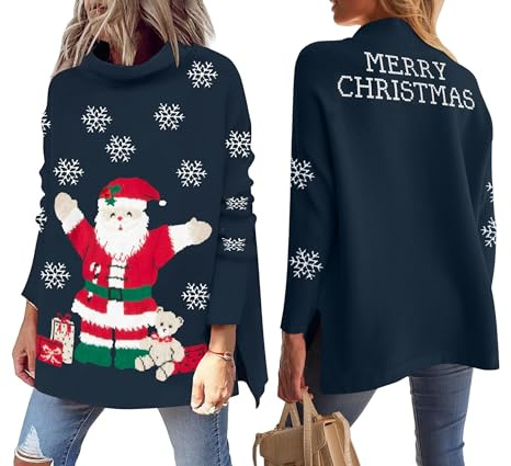 VVNTY Pull de Noël pour femme Merry Christmas Sweatshirt Motif de Noël Pull à col roulé Manches longues, Marine1., M