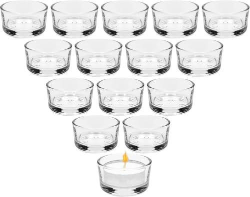 Set med 15 värmeljusglas, ljusglas 4,5 cm Dm, klar värmeljushållare glas, ljushållare dekorationer, mini ljushållare glas för hem bordsdekoration, för bröllop, dekorativt ljusglas