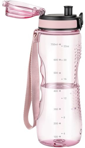 OLDLEY 750ml/25oz Sports Water Bottles, BPA Free Drinking Bottles for School Plastic Reusable Clear Water Bottle Leakproof & Filter & No Straw & Time Markings for Gym Sports Cycling (Transparent Pink)