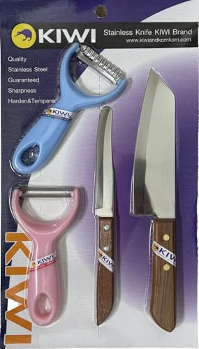 Kiwi Stainless Steel Knife Set (Pro Peeler, Peeler, Pearing Knife and Kitchen Knife), 4 Piece Total