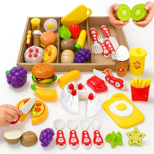 Toyana 20 PCs Kids Play Food Cutting Set for Kitchen with Realistic Fast Foods, Dessert, Fruit & Veggies, Pretend Play Food Cutting Board, Educational Fine Motor Skills Gift Toy for Children 3+ Years