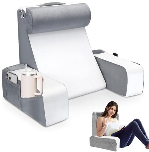 Mhwgo Almohada Lectura Cama, Cojín con Respaldo Apoyo Lumbar, con Soporte para Brazos y Bolsillos, Grande Cojín para la Espalda, Cojin Respaldo para Trabajar, Leer o Jugar en la Cama Sofá Suelo (WH)
