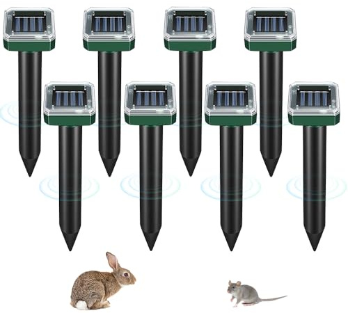 Nzkeuf 8 Pezzi Solare Repellente Ultrasuoni per Topi, Dissuasori per Topi da Esterno con IP65 Impermeabile, Adatto per Respingere Talpe, Talpe di Campagna, Serpenti e Gopher in Giardini (Quadrilatero)