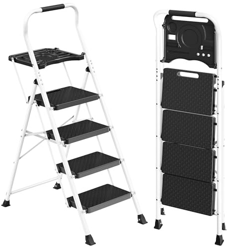 SONGMICS Escalera de Acero, Escalera Plegable de 4 Peldaños, Carga de 150 kg, para Casa, Oficina, Jardín, 84 x 45,5 x 145,2 cm, Blanco GSL204WZ01