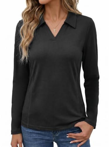 PINSPARK T-Shirt De Sport Femme UPF 50+ Polo Séchant Rapidement Respirant | Tee-shirt de course à manches longues col avec décolleté V tee-shirt fonctionnel léger golf tennis fitness yoga randonnée