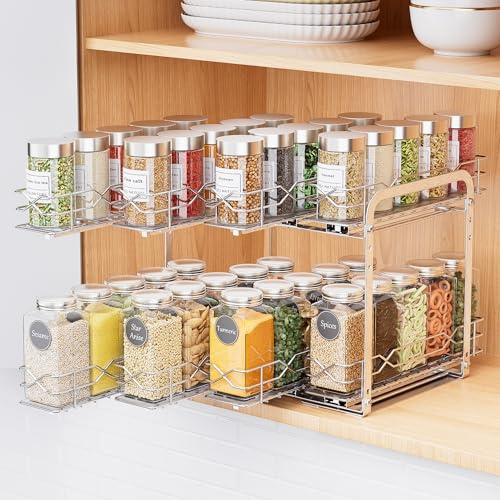 Ezprotekt 2 Tier Metal Spice Rack Organizer, 11”W x 10.5”D x 9.5”H | Spice Rack, Heavy Duty Vertical Spice Rack Pull Out for Cabinet for Kitchen, Pantry Easy to Install & Smooth Sliding, Chrome