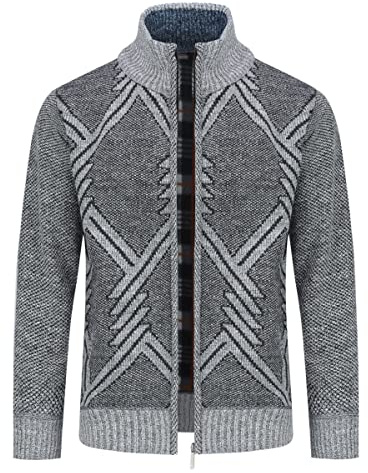 Stickad cardigan för män, tjock tröja, full dragkedja, stående krage, varm jumper, fleecefodrad vinterrock, Ljusgrå2, L