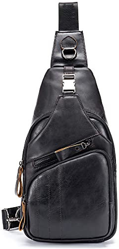 SDNAZ Herren Echtleder Brusttasche Brustbeutel Leder Schultertasche Schulter Rucksack Reisetasche Crossbody DE906 Schwarz