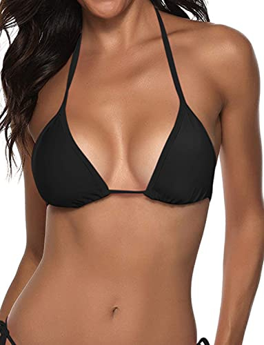Suvimuga Women's Triangle Bikini Top Push up Padded Halter String Bathing Suits Top Black M