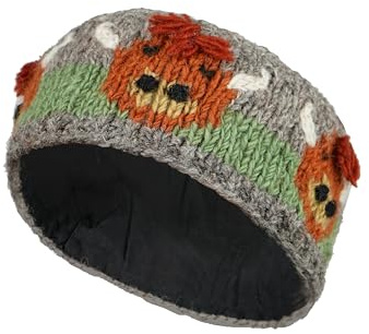 Pachamama Women Wool Ear Warmer Headband Jersey Cotton Lined Handknitted Highland Cow Multicoloured One-Size Handmade Fair Trade