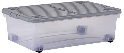 Wham Wheel 5 x 32L Plastic Storage Boxes with Folding Lid & Wheels | Ideal for Home, Office, Toys & More | Medium Boxes | Made in UK - Clear/Cool Grey