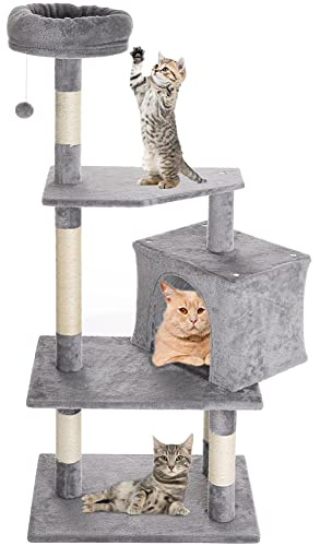 BAKAJI Albero Tiragraffi Graffiatoio Rifugio 1 Pallina 1 Cuccia Coperte per Gatti Animali Felini Interattivo Unghie Antigraffio Stabile Resistente Robusto Albero Rampicante Solida Colore Grigio