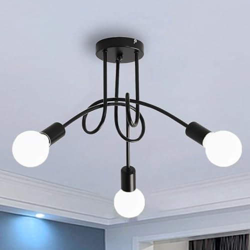 DAXGD Lámpara de Techo Industrial Vintage, 3 Luces E27 Lamparas de Techo de Metal, Negro Lámparas de Araña E27 para Salón Dormitorio Cocina Comedor Pasillo (Bombillas no incluidas)