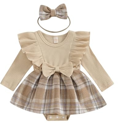 Vioyavo Infant Baby Girls 2Pcs Dress Outfits Ruffle Long Sleeve Plaid Print Skirt Romper with Headband Set Cute Fall Short Skirt Set (Apricot, 3-6 Months)