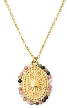 SINGULARU - Collar Medallion Stones Sun. Acero con Acabado en Baño de Oro de 18Kt. Cadena con Medallón Largo Ajustable. Joyas para Mujer