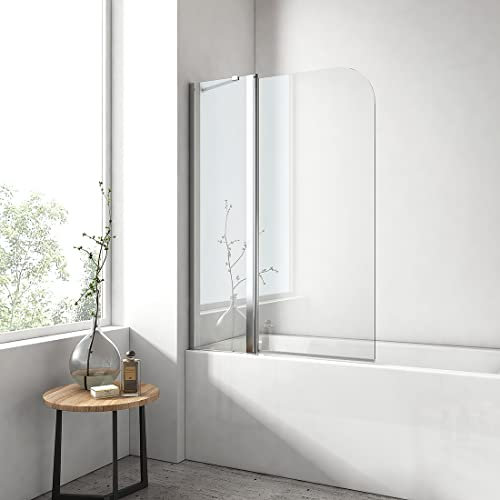 EMKE Paroi de baignoire 100 x 140 cm, 1 volets pivotants+1 volets fixation, pare baignoire 6mm verre de sécurité, 180° balançoire,Color Chrome,Revêtement nano facile à nettoyer
