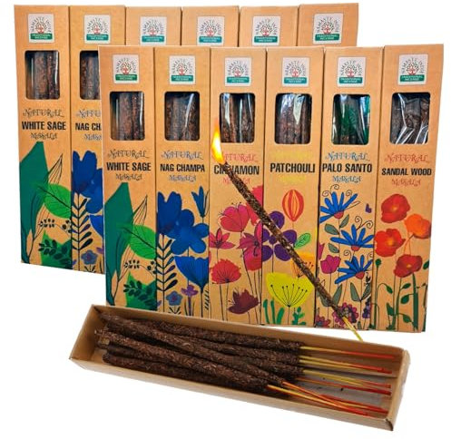 Incienso Orgánico 100% Natural Hecho a Mano - Palo Santo - Sándalo - Salvia Blanca - Nag Champa - Canela - Pachuli. Namaste India. Ecológico. Caja con 12 Paquetes de 33gr. 2 Aromas de Cada. ORKAY