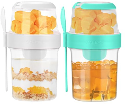wiksite 2Pcs Overnight Oats Container, 870ML Yogurt Pots Reusable Salad Cups with Lid Spoon Breakfast Jar Breakfast Pot Muesli Cup for Salads Fruit Cereal Milk Porridge (Green + White)