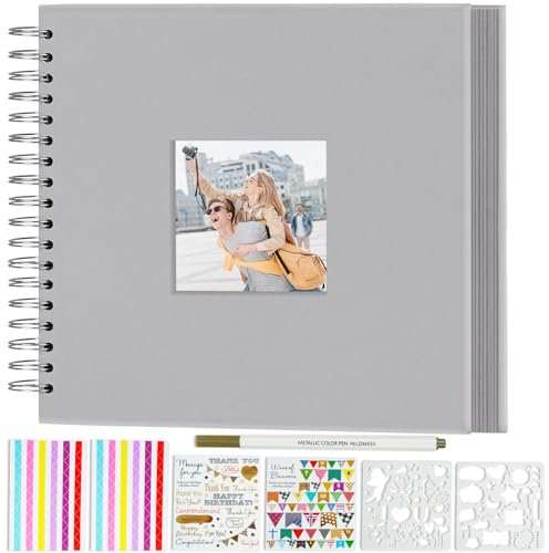 Miaikoe 25,5 x 25,5 cm DIY Scrapbook Album mit Fenster Hardcover Kraftpapier Scrap Book mit 40 Blatt Fotoalbum für Gästebuch, Familie Hochzeitstag (Grau)