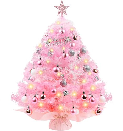 Mini Christmas Tree 23.62 inch, Pink Christmas Tree, Tabletop Christmas Tree Decorations with LED String Light, Star & Ball Christmas Ornament, Holiday Decorations for Office/Kitchen/Children's Room
