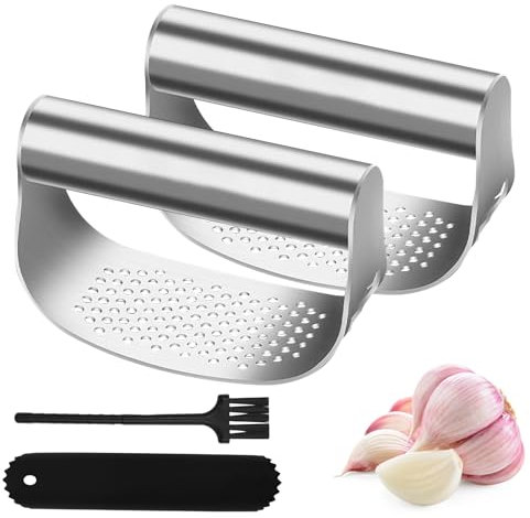 2 prensas de ajo, prensa de ajos de acero inoxidable, prensa de ajo de acero inoxidable, herramienta de cocina con pelador de silicona, fácil manejo y limpieza