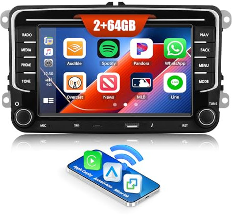 2G+64G CAMECHO Android 13 autorradio para VW Golf 5 Polo Skoda con Navi Carplay Android Auto,7 Pulgadas Doble DIN Radio Coche Pantalla táctil con Bluetooth Mirror Link FM/RDS WiFi SWC y USB