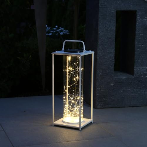 LED Solar Laterne mit Drahtlichterkette für Garten Terrasse Balkon Glaslaterne Solarleuchte weiße Gartenlaterne mit Lichtsensor Außenbeleuchtung Gartendekoration (H: 49cm)