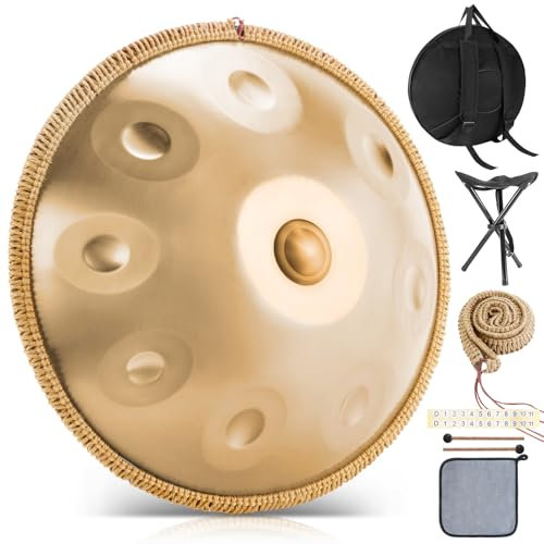 BIILOYY Handpan Instrument 440 Hz,9 Töne 22 Zoll Handpan Drum,Hand Pan in d-Moll,Gold Performer Zungentrommel mit Tasche,Schlägel,Ständer,für Anfänger,Profis,Musiktherapie (Gold, 9 Töne 440 Hz)