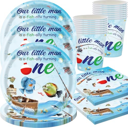 Gone Fishing - Forniture per feste di pesca, stoviglie a tema pesca includono piatti, tovaglioli, tovaglioli, tovaglioli, per decorazioni per feste di compleanno a tema pesca -16 persone