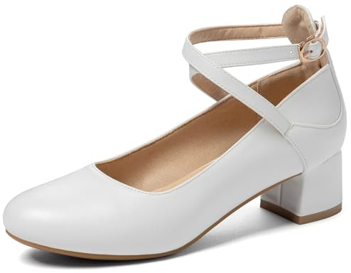 OALEEN Chaussures Escarpins Femme Eté Petit Talon Carré Boucle Bride Cheville Croisée Bout Rond Soirée Mariage Blanche 39