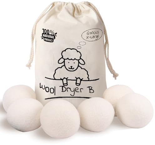 Lot de 6 balles de séchage en laine de mouton - 7,5 cm - Réutilisables - Avec sac de rangement - Antistatique et infroissable
