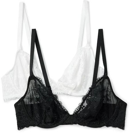 Amazon Essentials Reggiseno con Scollo Profondo, Non Imbottito, con Ferretto, in Pizzo Elasticizzato Donna, Pacco da 2, Nero/Bianco, 2E