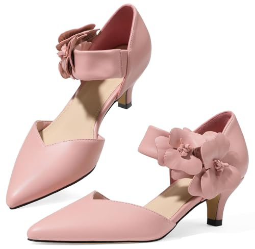 COMFITORIA Womens Low Kitten Heels Pointed Toe Flower Dress Pumps Shoes Elegant Formal Party Dance Wedding, Pink, 8 UK