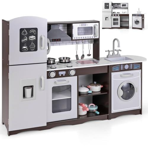 GYMAX Large Play Kitchen, Modular Toy Kitchen with Range Hood, Washing Machine, Ice Maker, Microwave, Oven, Phone, Stoves, Sink and Cookware Accessories, Kids Cooking Role Playset for 3+ Years Old